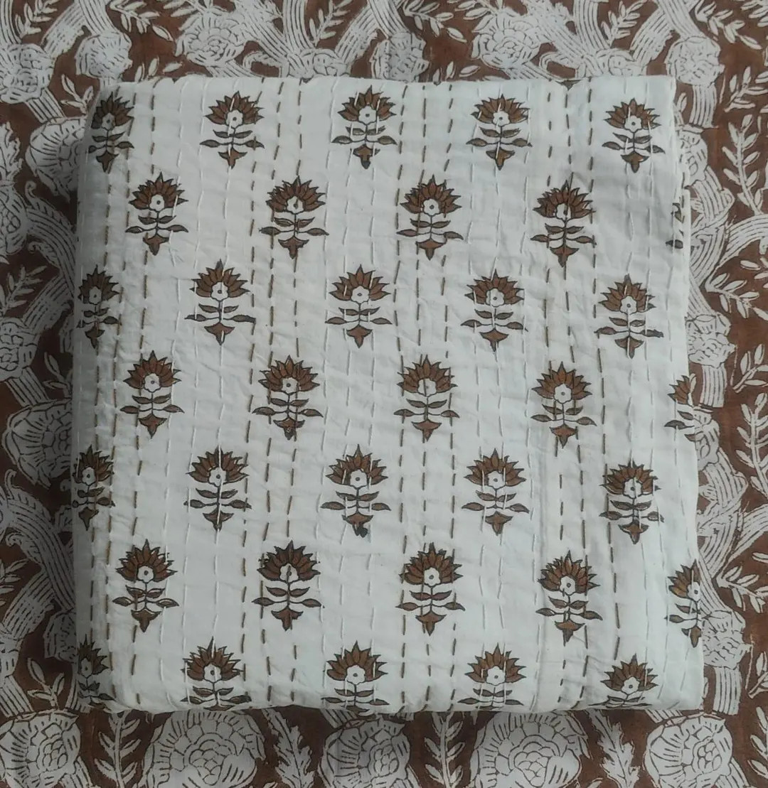 White Kantha Quilted Bedding Handblock Print Brown Floral Design Autumn Summer Fall Kantha Quilt ... | Etsy (US)