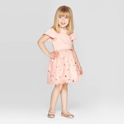 Toddler Girls' Short Sleeve Star Print Tulle Dress - Cat & Jack™ Peach | Target