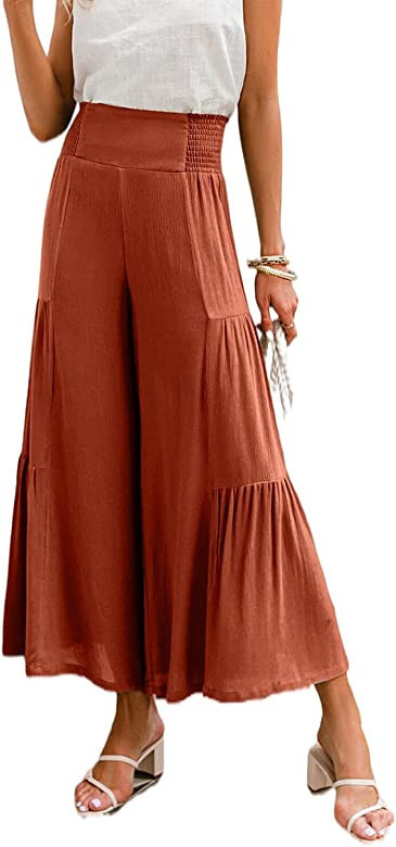 Eteviolet Boho High Waisted Pants for Women, Leopard Wide Leg Flowy Pants | Amazon (US)