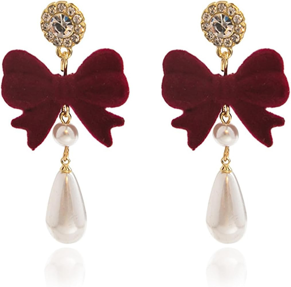 Christmas Earrings For Women Pearl Bow Earrings Xmas Jewelry Holiday Outfits Stocking Stuffers Ch... | Amazon (US)