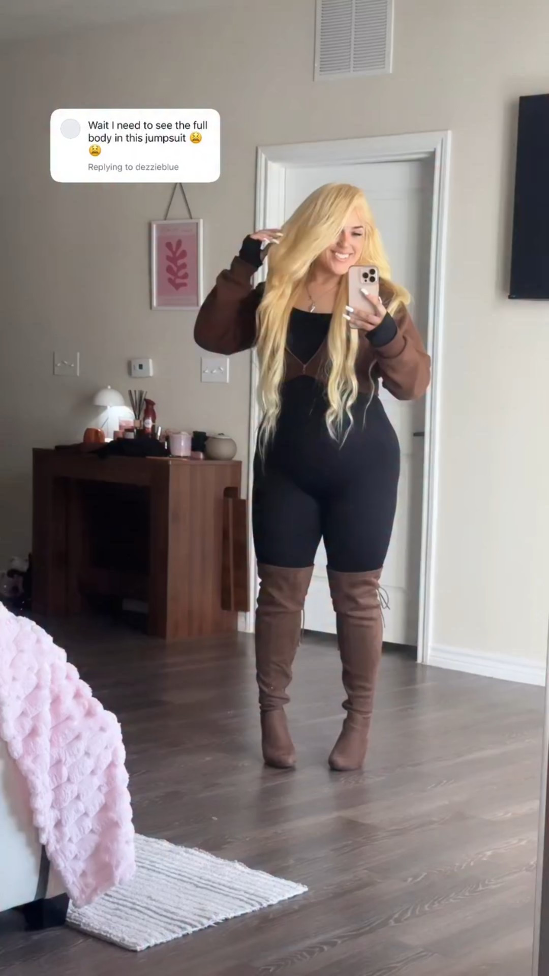 🤎🤎🤎 i got you 🙂‍↕️ and since yall stay asking, comment “details” and ill send u links to wig, jumpsuit, wig installation kit, and boots ✨