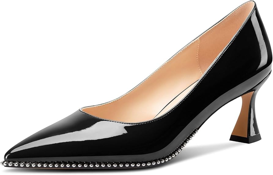 TNYNFBEB Womens Mid Kitten Heel Pointed Toe Pumps Slip-on Silver Beaded Prom Party Dress Patent L... | Amazon (US)