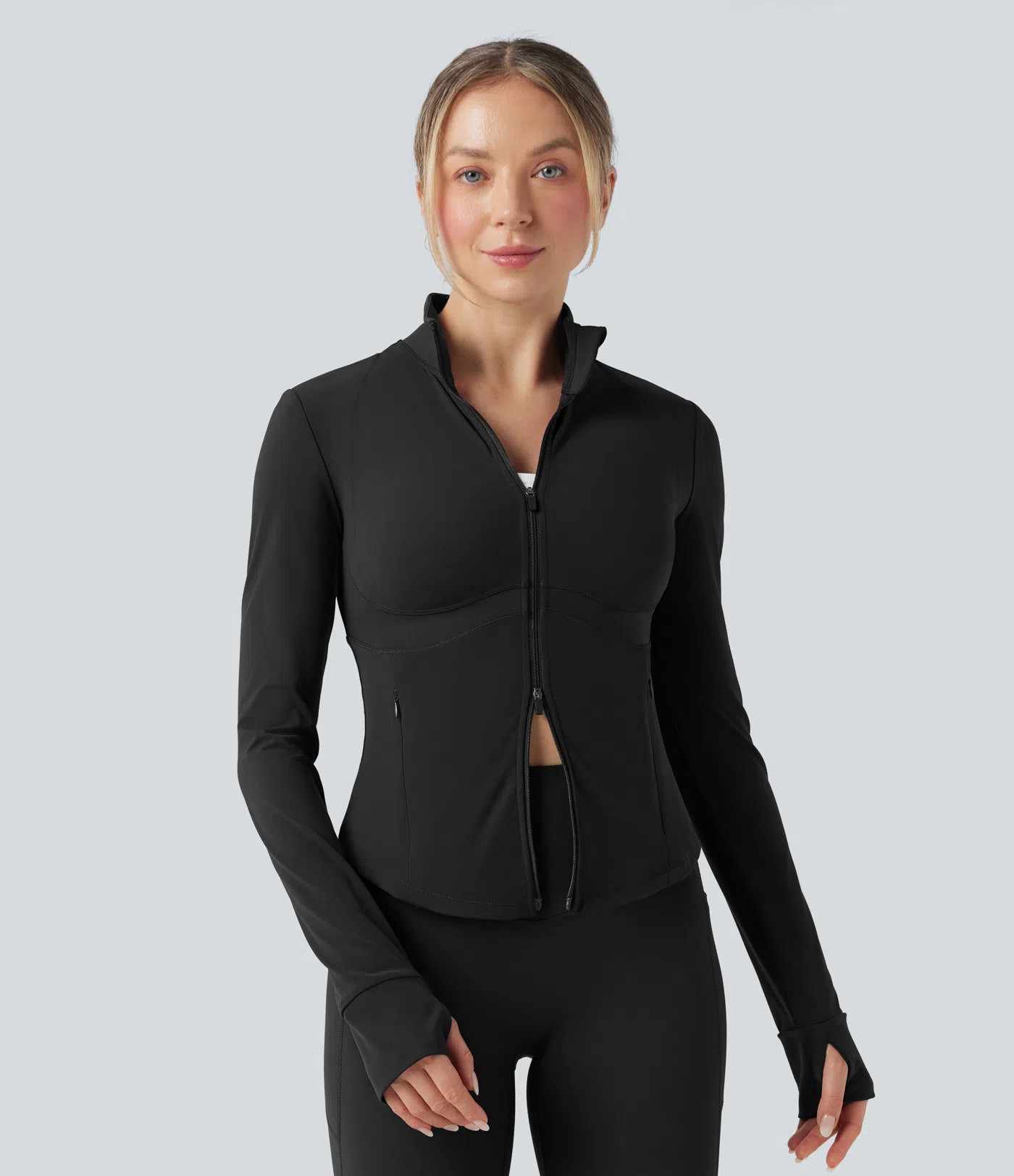 Women’s Halara UltraSculpt™ Mock Neck Push-Up Long Sleeve Thumb Hole Yoga Jacket with Pockets... | HALARA