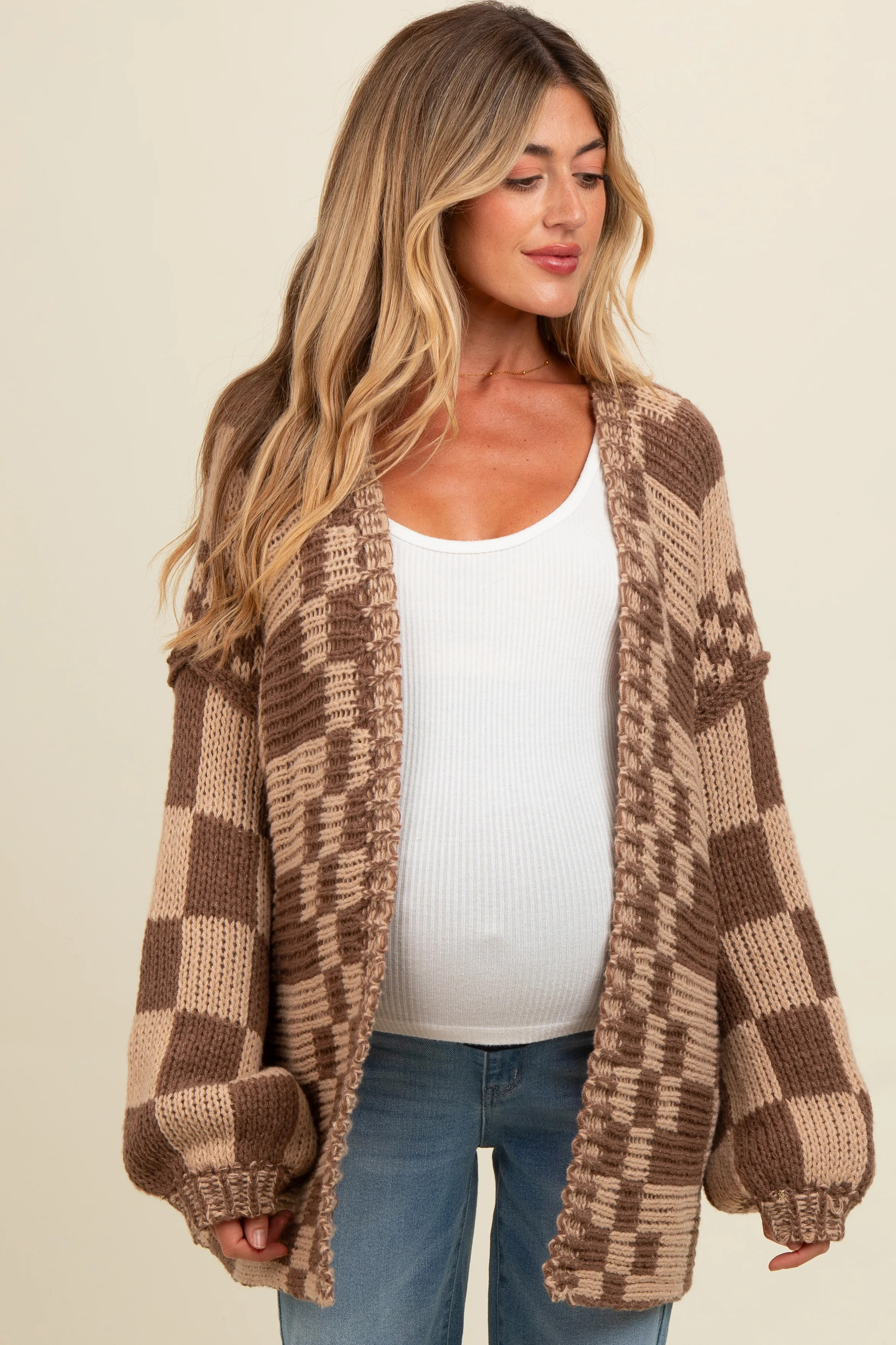 Brown Mixed Check Pattern Chunky Maternity Cardigan - Large | PinkBlush Maternity