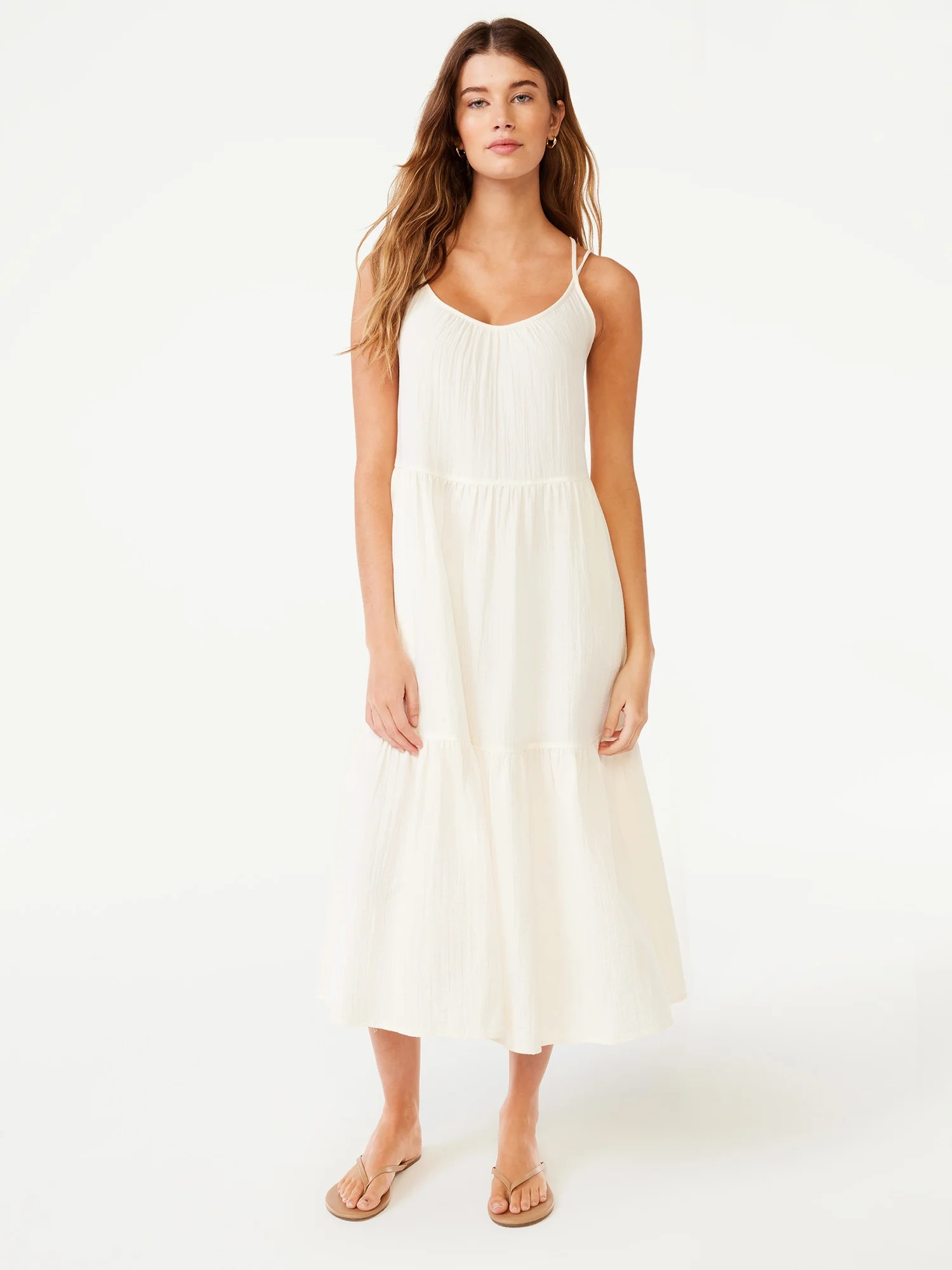 Free Assembly Women’s Sleeveless Double Strap Cross Back Tiered Midi Dress, Sizes XS-XXL | Walmart (US)