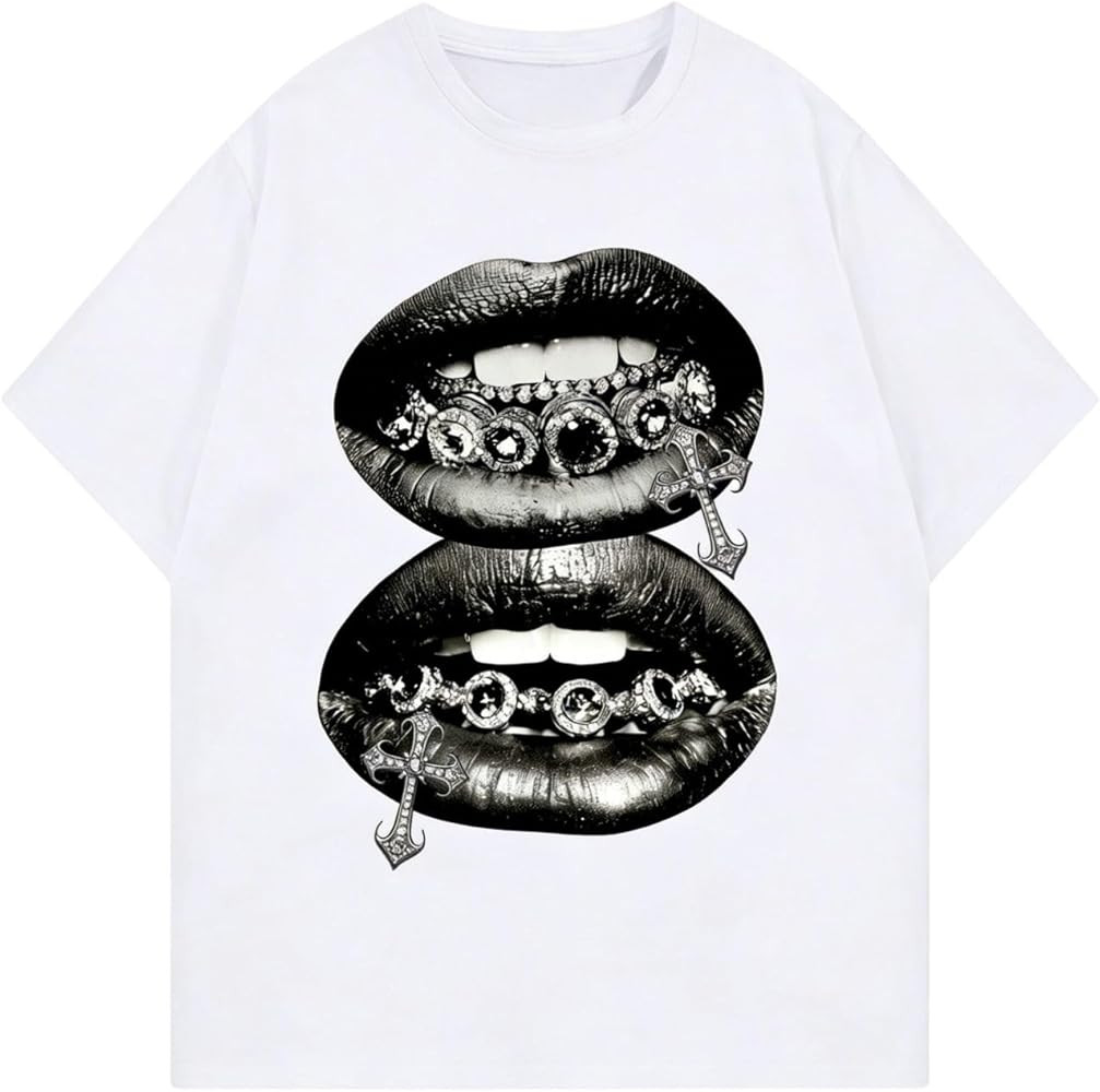 Verdusa Graphic Tees for Women Lips Print 2000s Clothing Short Sleeve Graphic T Shirts Y2k Going ... | Amazon (US)