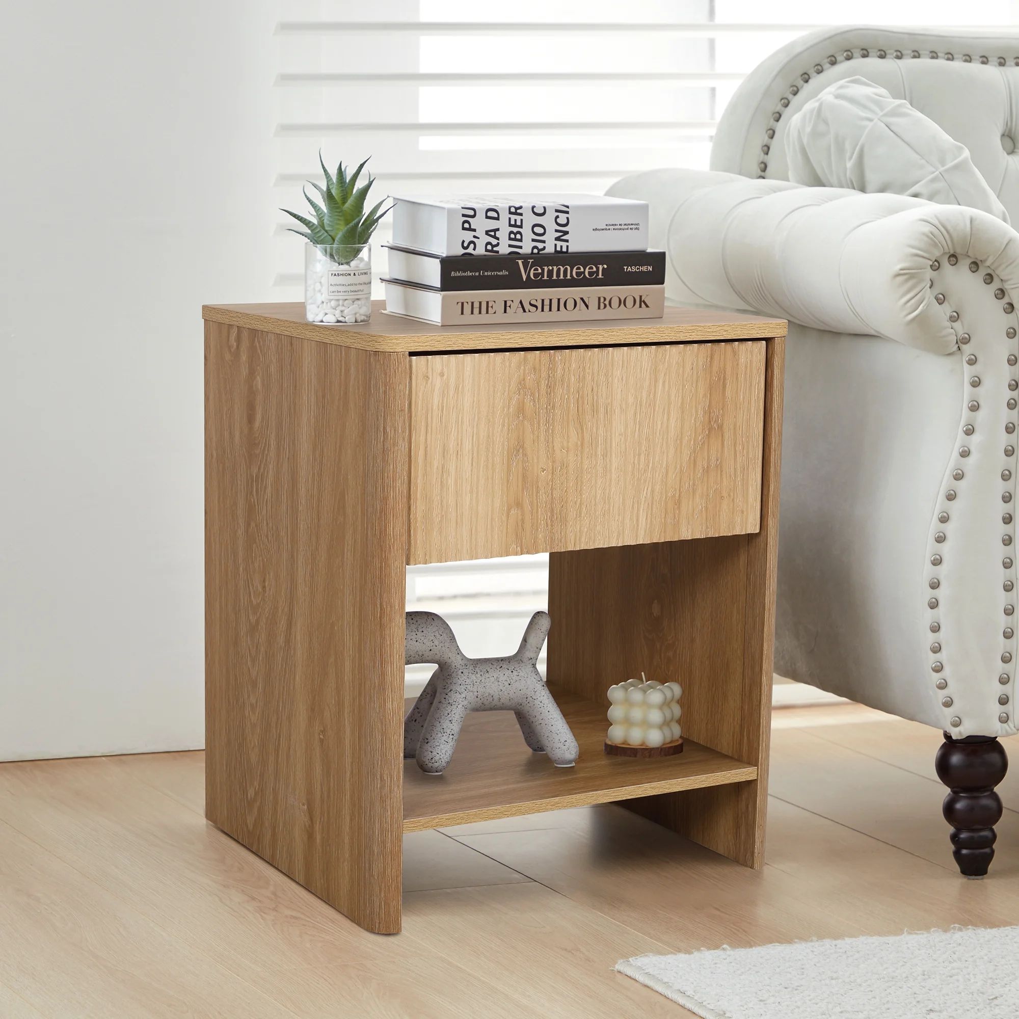 Natural Oak Nightstand with Opening Storage and Drawer,Blister Process Fluted End Side Table with... | Walmart (US)