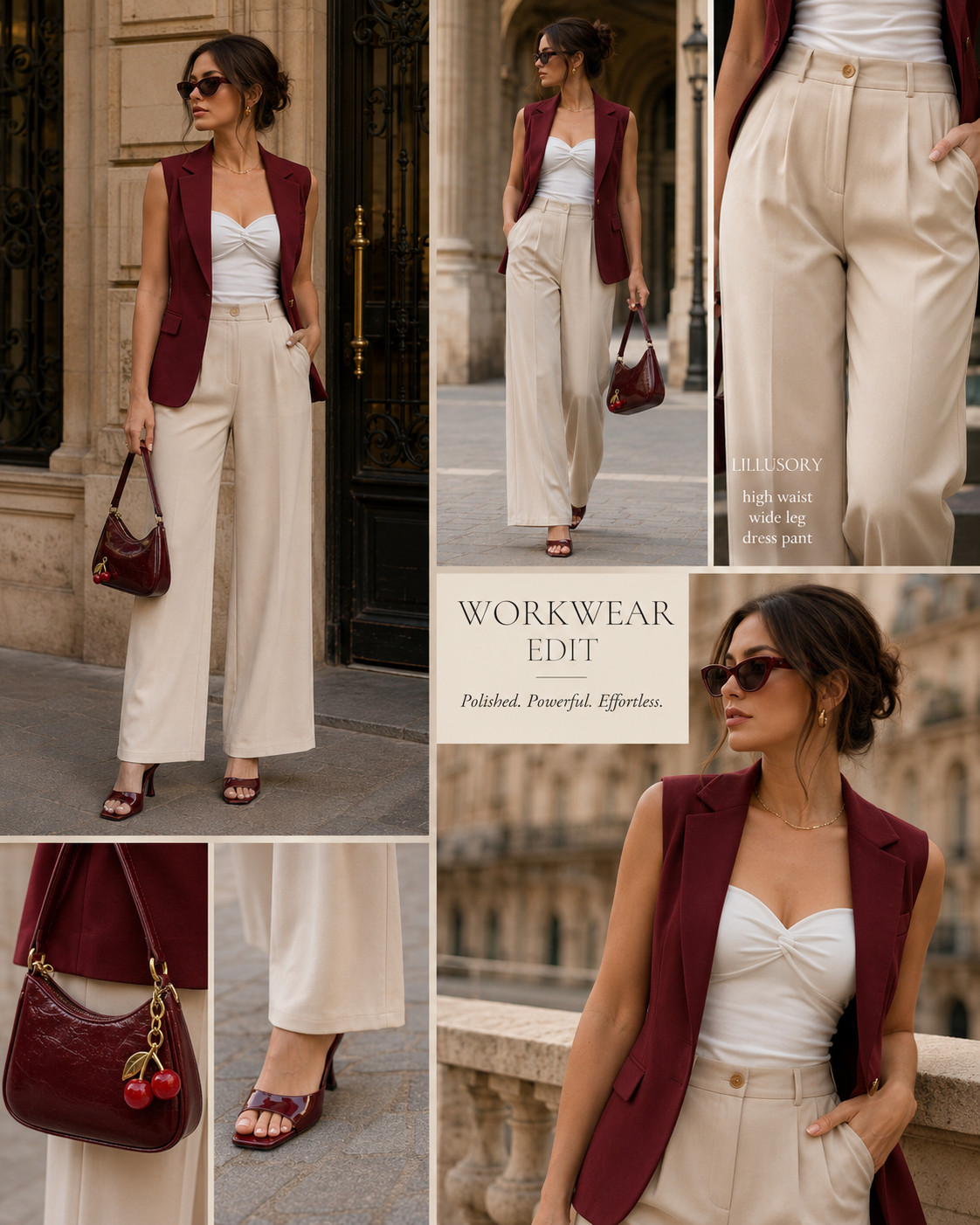 The LILLUSORY work pants that turn one simple outfit into a full power look. 🍒✨

These ivory LILLUSORY high-waisted wide-leg dress pants are the polished workwear staple that makes getting dressed for the office so much easier. 

The tailored high rise defines the waist, the front pleats create a refined fit, and the flowy wide-leg silhouette elongates the legs while staying comfortable enough for an entire workday.

Pair them with a white twist-front top, burgundy sleeveless blazer vest, matching heeled sandals, and a structured shoulder bag for an elevated business-casual outfit that looks expensive without feeling overdone. 

The burgundy-and-ivory color combination is rich, timeless, and perfect for transitioning from summer into fall.

These versatile LILLUSORY trousers work for corporate office outfits, client meetings, presentations, interviews, conferences, teacher workwear, business travel, and desk-to-dinner plans. 

Style them again with loafers, button-down shirts, fitted sweaters, bodysuits, or a classic blazer—the neutral color makes them endlessly rewearable.

📌 SAVE this burgundy-and-ivory workwear formula for your next office day!

Everything is linked! ↓

#LTKSaleAlert #LTKWorkwear #LTKTravel