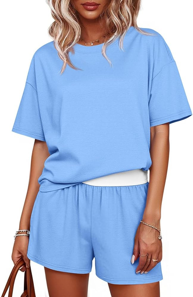 Tankaneo Womens Short Sets 2 Piece Summer Vacation Outfits Short Sleeve T-shirts Elastic Waist Sh... | Amazon (US)