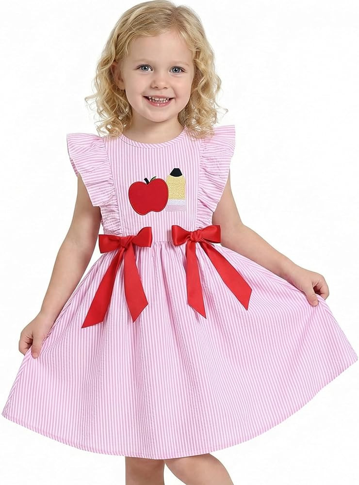 IMEKIS Toddler Kids Girls Back to School Dress, Ruffle Sleeve Embroidered Apple Pencil Kindergart... | Amazon (US)