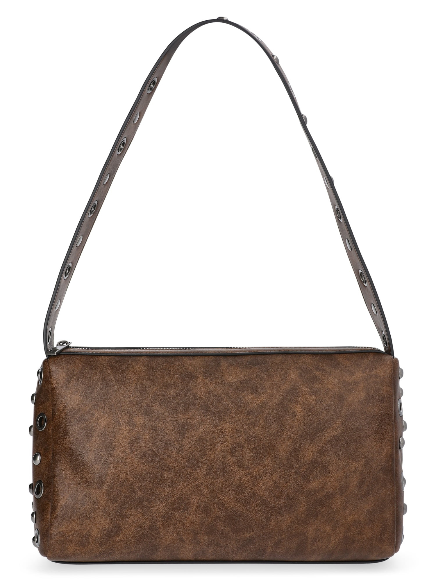 No Boundaries Women's Faux Leather Studded Moto Shoulder Bag, Brown | Walmart (US)