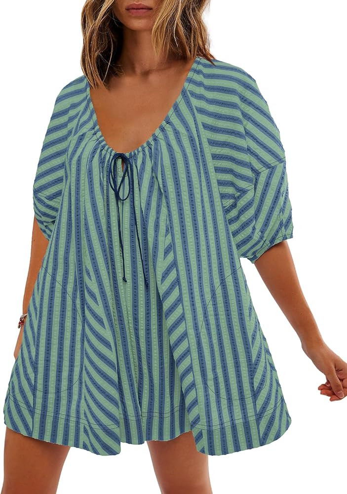 SENSERISE Womens Striped Romper Puff Sleeve Mini Shorts Romper Dress Beach Vacation Outfits with ... | Amazon (US)