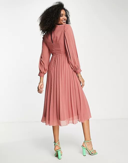ASOS DESIGN high neck pleated long sleeve skater midi dress with embroidery in dusky pink | ASOS (Global)