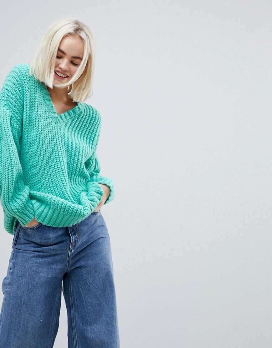 ASOS Oversized Sweater in Rib with Pleat Sleeve - Green | ASOS US