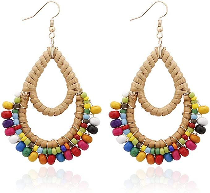 Bohemian Rattan Wooden Beads Fish Hook Circle/Teardrop Earrings Dangle Drop Jewelry for Women Gir... | Amazon (US)