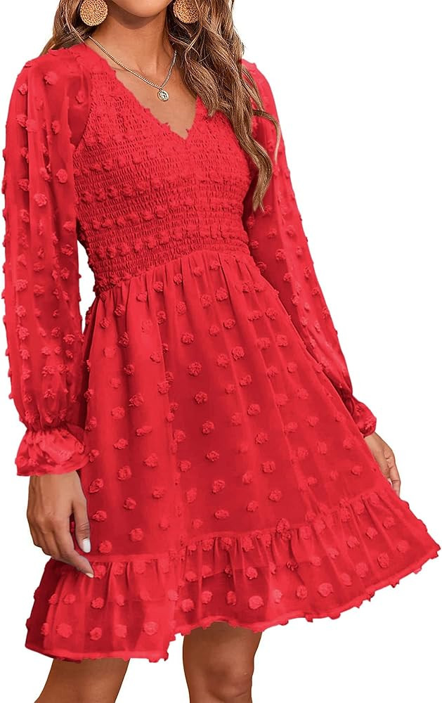 BTFBM Women Long Sleeve V Neck Smocked Short Dress Flowy Casual SwissDot Ruffle Mini Babydoll Spring | Amazon (US)