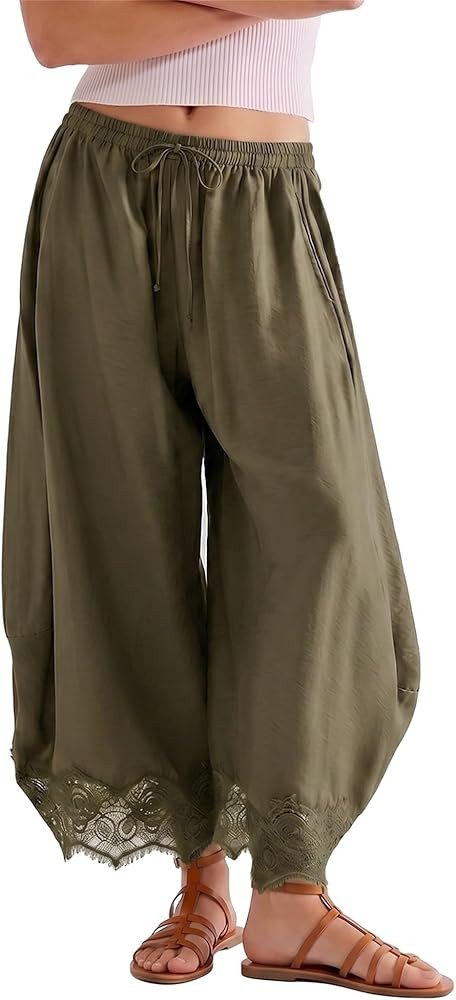 SeeLuNa Comfy Women's Pants Cropped Lace Hem Pants Summer Boho Drawstring High Rise Wide Leg Loun... | Amazon (US)