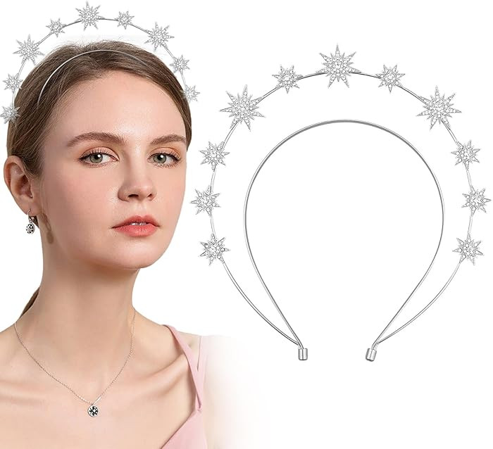 Aswewamt Silver Star Halo Crown Crystal Goddess Headband Rhinestone Halo Wedding Tiara Glitter Br... | Amazon (US)
