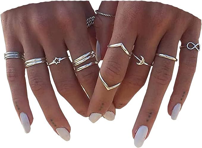BERYUAN Women 12pcs Rings Silver Rings for Teen Girls Women Ring Set Rings Size 5 6 7 8 | Amazon (US)