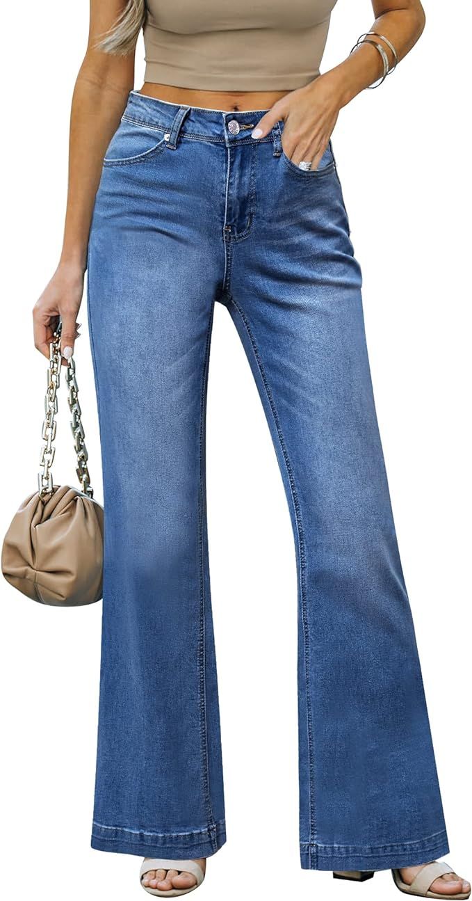 LookbookStore Wide Leg Jeans Woman 2024 Flare High Waist Baggy Jeans for Women Stretchy Denim Pan... | Amazon (US)