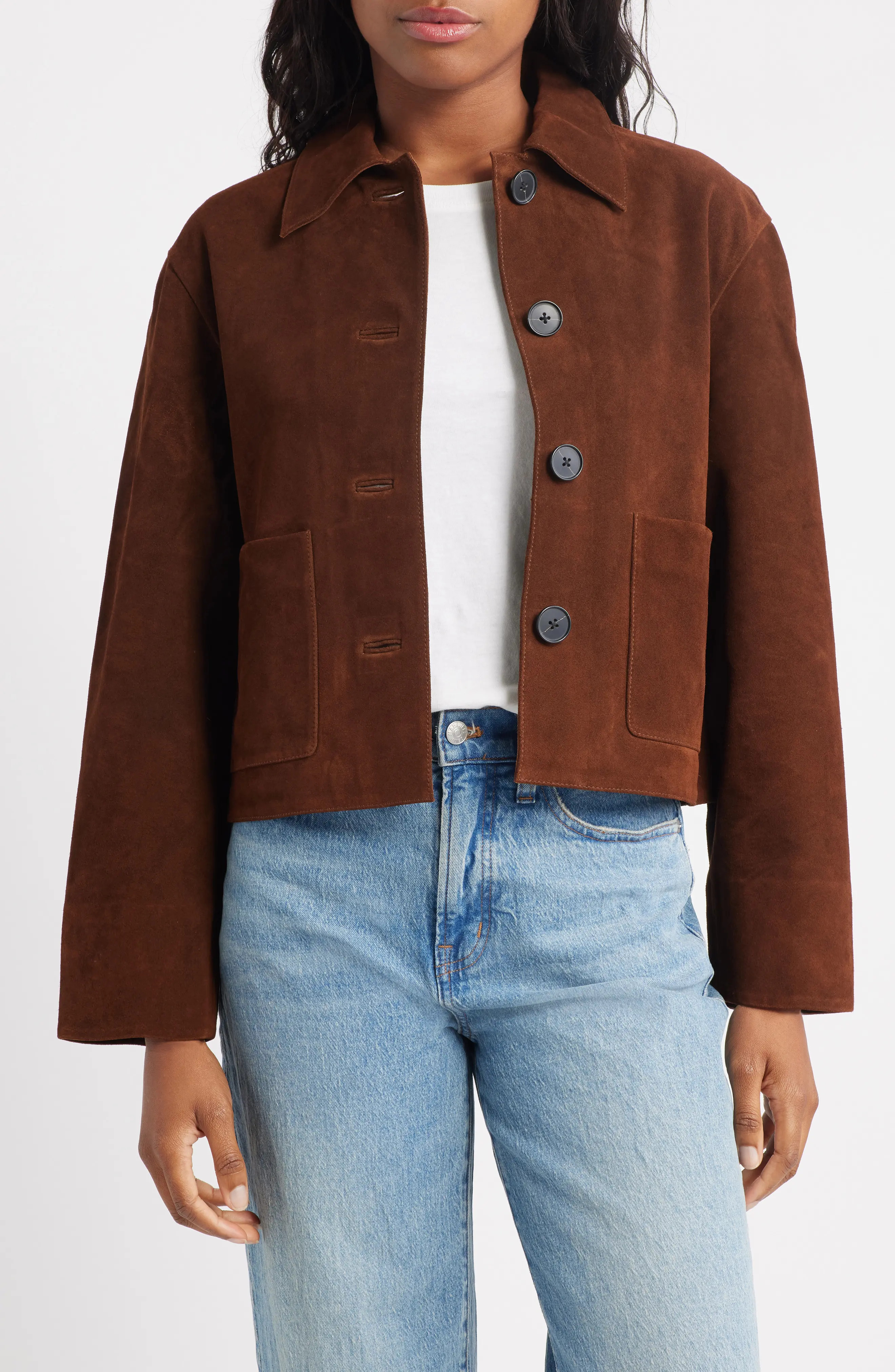 Madewell Boxy Crop Suede Jacket in Dark Roast Suede at Nordstrom, Size Xx-Large | Nordstrom