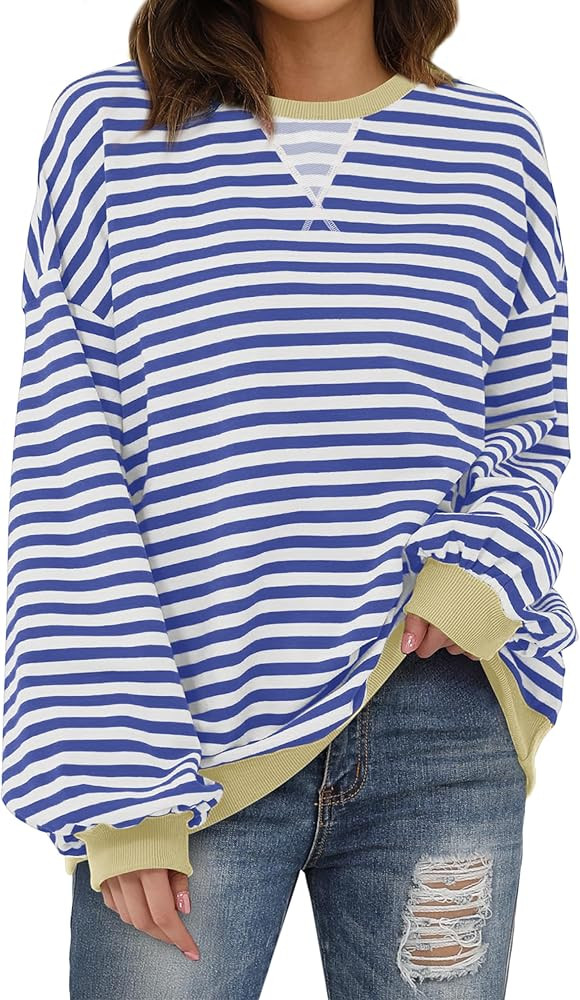 XIEERDUO Womens Oversized Striped Sweatshirt Vintage Crewneck Tops Long Sleeve Shirts Winter Pull... | Amazon (US)