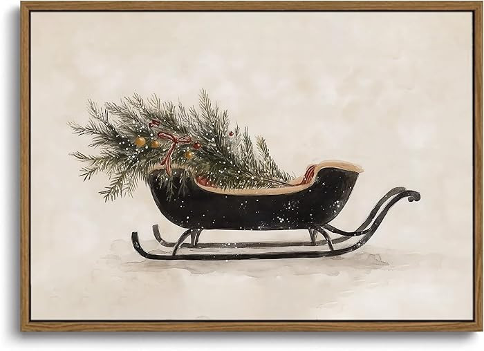 KISSFOX Vintage Christmas Sleigh Framed Wall Art Neutral Winter Canvas Art Rustic Cottage Paintin... | Amazon (US)
