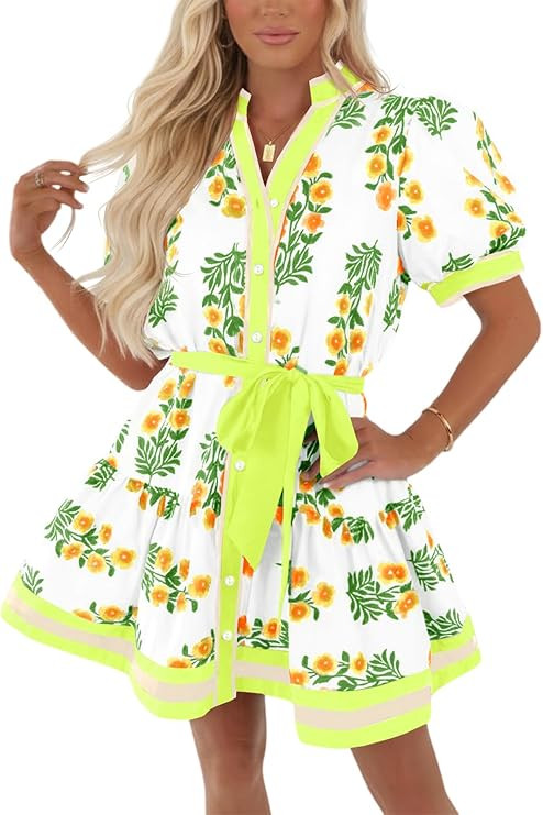 Wenrine Womens Summer Floral Mini Dress Puff Short Sleeve V Neck Button Down Casual Loose Boho Be... | Amazon (US)