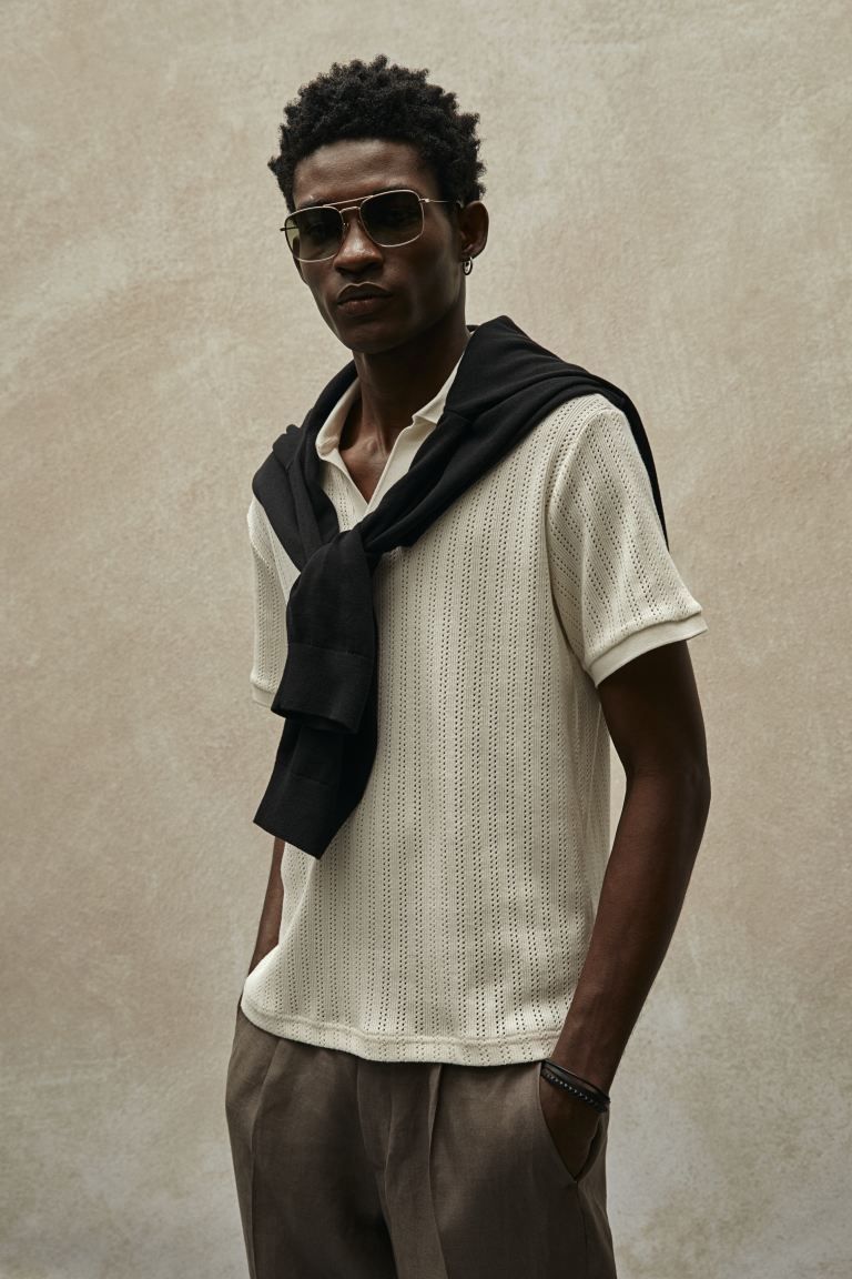 Regular Fit Hole-patterned Polo Shirt - Cream - Men | H&M US | H&M (US + CA)