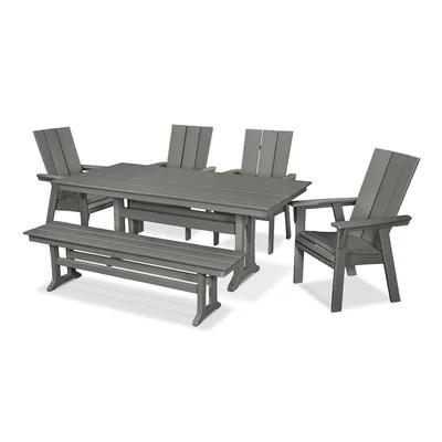 Modern Adirondack Curveback Adirondack 6-Piece Farmhouse Dining Set with Trestle Legs and Bench | Wayfair North America