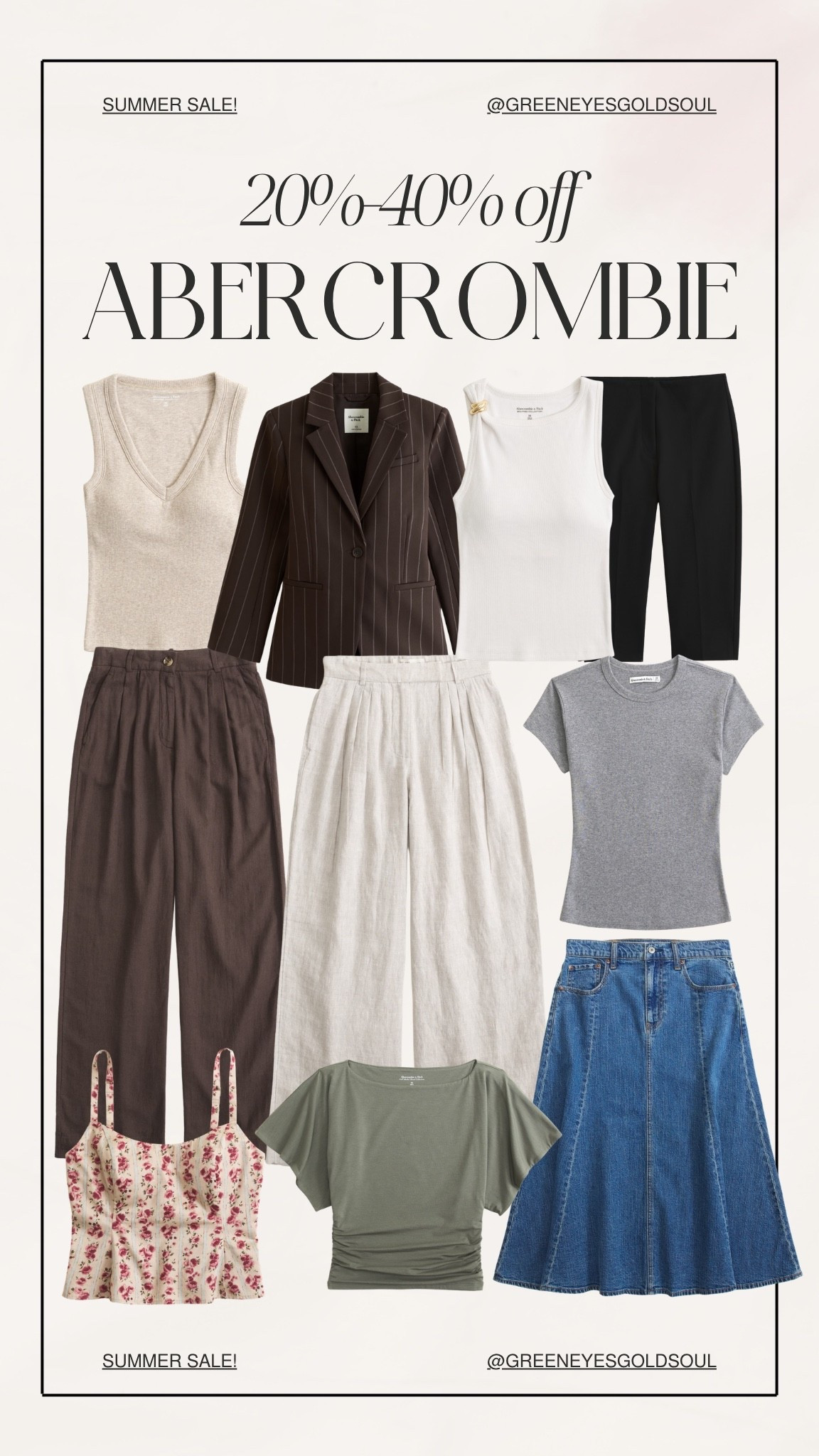 Abercrombie summer sale is SO good right now — 20–40% off some of the best elevated basics, linen pants, workwear staples, tanks, tees, denim skirts, and easy summer outfit pieces. I rounded up my favorite neutral finds that are perfect for summer work outfits, vacation outfits, and everyday casual style. Sizes are selling fast, so don’t wait on these!

#LTKSaleAlert #LTKStyleTip #LTKFindsUnder100 #Abercrombie #AbercrombieSale #SummerOutfits #SummerStyle #WorkwearStyle #NeutralOutfits #LinenPants #PetiteStyle #ClassicStyle #LTKSaleAlert
#LTKStyleTip
#LTKFindsUnder100
#LTKSeasonal
#LTKFashion
#LTKDaily
#Abercrombie
#AbercrombieStyle
#AbercrombieSale
#SummerStyle
#SummerWardrobe
#CapsuleWardrobe
#NeutralStyle
#ClassicStyle
#EverydayStyle
#EffortlessStyle
#LinenStyle
#Workwear
#BusinessCasual
#OfficeStyle
#CasualOutfits
#VacationStyle
#DenimStyle
#MinimalStyle
#OutfitInspiration

Abercrombie sale, Abercrombie summer sale, Abercrombie women, Abercrombie outfit ideas, neutral outfits, summer capsule wardrobe, linen pants, workwear essentials, elevated basics, everyday outfits, casual chic outfits, office outfits, business casual outfits, vacation outfits, denim skirt outfit, ribbed tank, tailored blazer, summer fashion, classic style, minimalist wardrobe, effortless style, capsule wardrobe essentials

#LTKWorkwear #LTKSeasonal #LTKSaleAlert