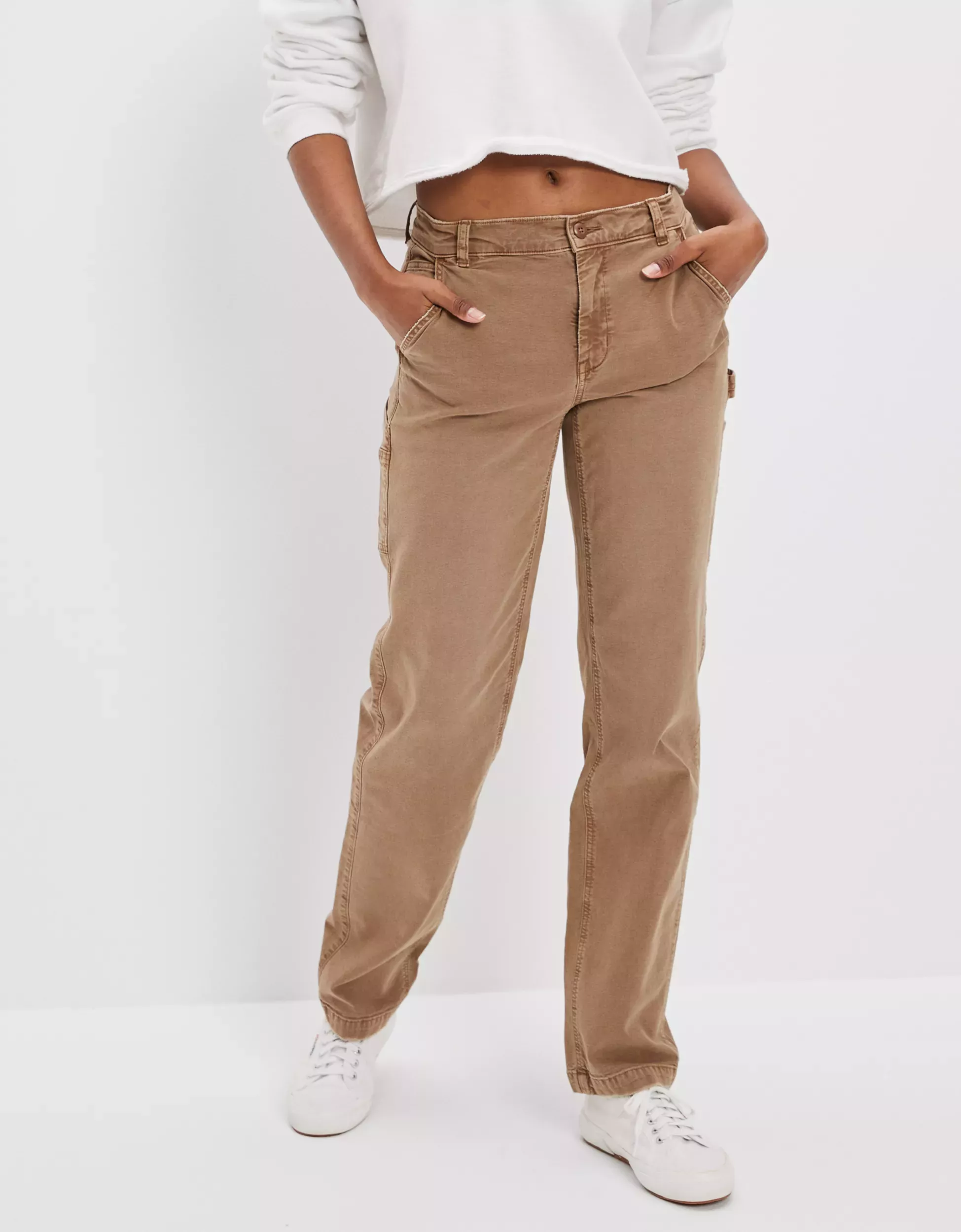 American Eagle Cargo Pants Woman 14 Tall Beigh Straight Leg Utility Pockets  Work