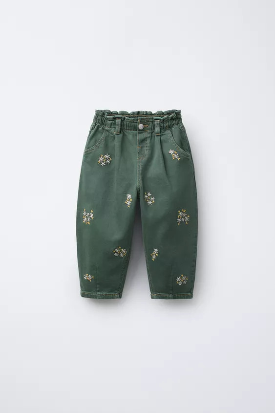 EMBROIDERED FLORAL TWILL BAGGY PANTS | Zara US