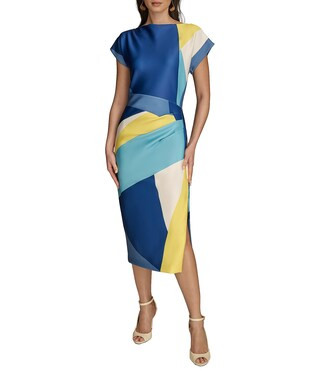Short Sleeve Boat Neck Abstract Print Color Block Scuba Midi Sheath Dress | Dillard's