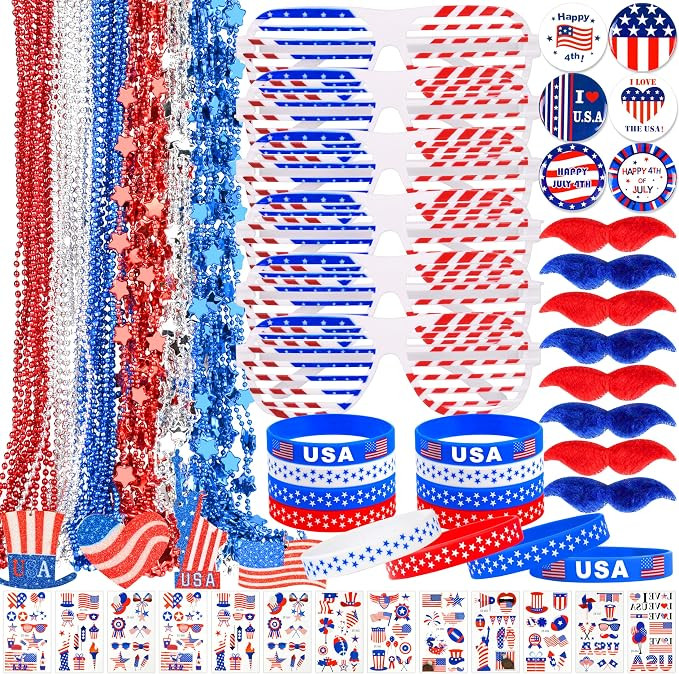 148Pcs Patriotic Accessories Including Glasses Necklaces Silicone Bracelets Tattoos Self-adhesive... | Amazon (US)