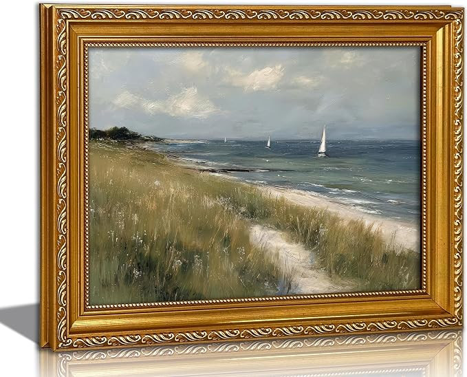 Vintage Gold Framed Coastal Wall Art Sailboat Ocean Landscape Oil Painting Style Print Seaside La... | Amazon (US)
