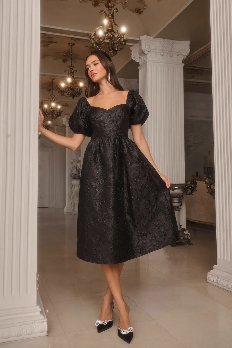 Danica Jacquard Alessi Puff Sleeve Midi Dress | Sugarlips