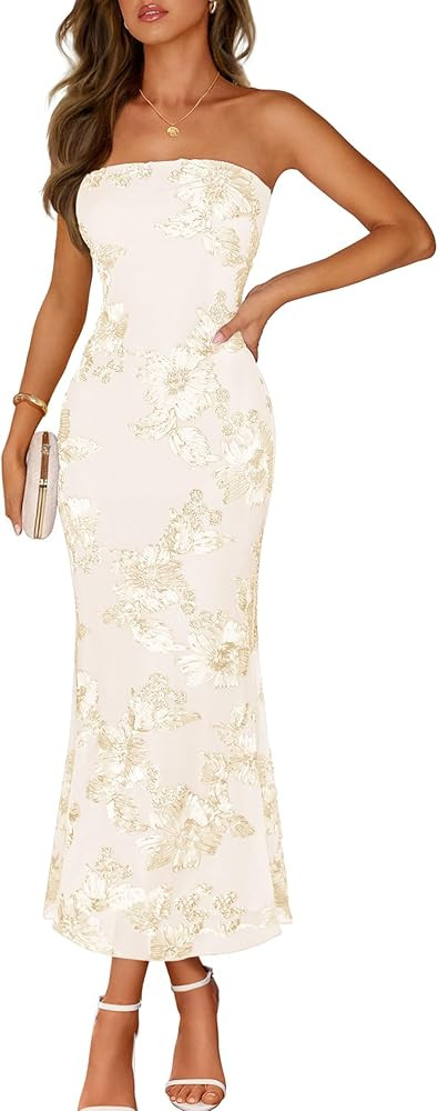 MEROKEETY Women's Floral Strapless Maxi Dress 2026 Summer Mesh Tube Bodycon Formal Wedding Guest ... | Amazon (US)