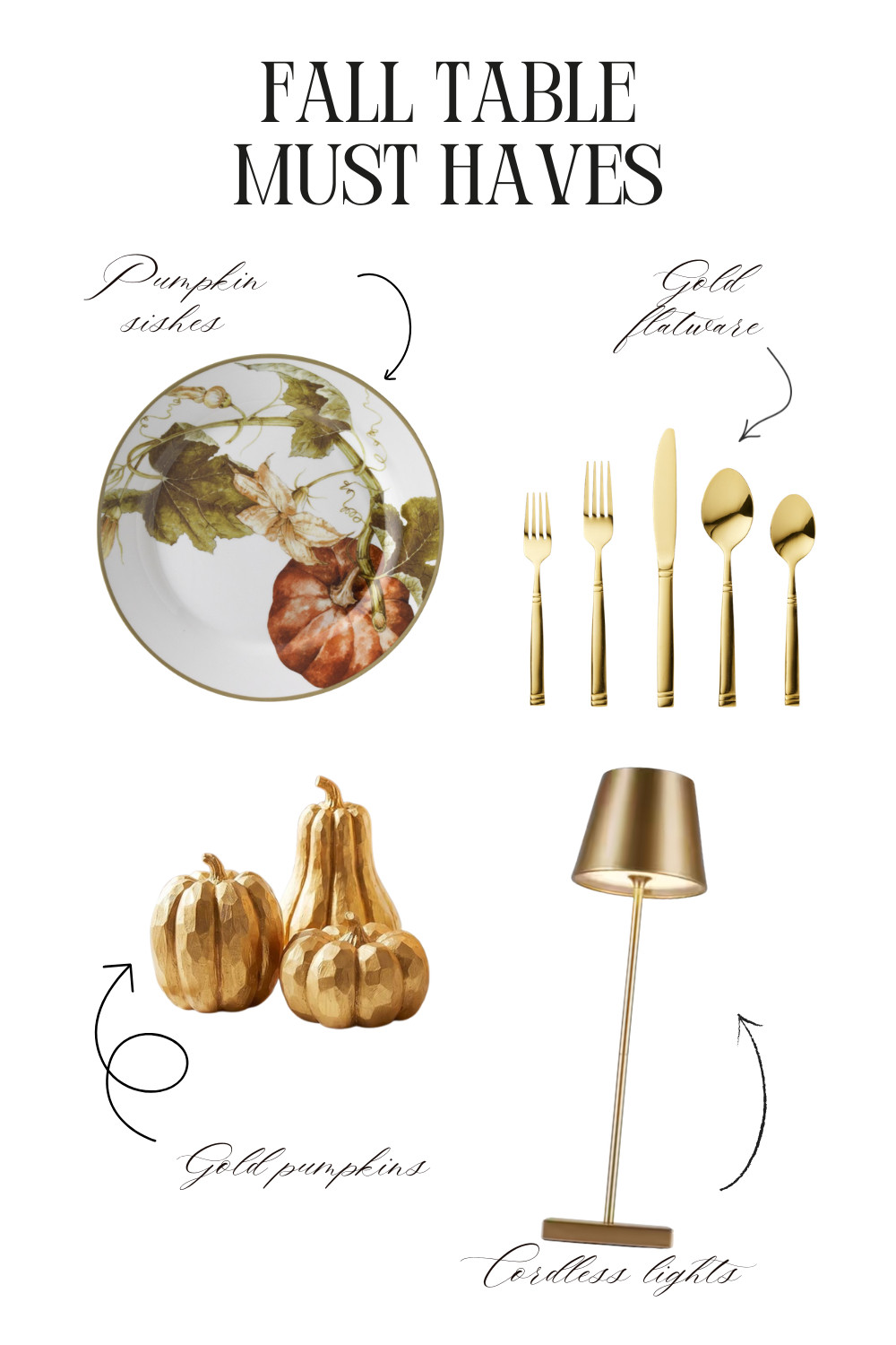 A few beautiful pieces can completely transform your fall table! 🍂 These pumpkin-patterned dishes bring in seasonal color, while gold flatware, sculptural gold pumpkins, and cordless table lamps add warmth and an elegant glow. Mix them with pieces you already own for a fall table that feels collected, welcoming, and ready for gathering. Shop all of my fall table must-haves right here! 

 #LTKSeasonal #LTKHome