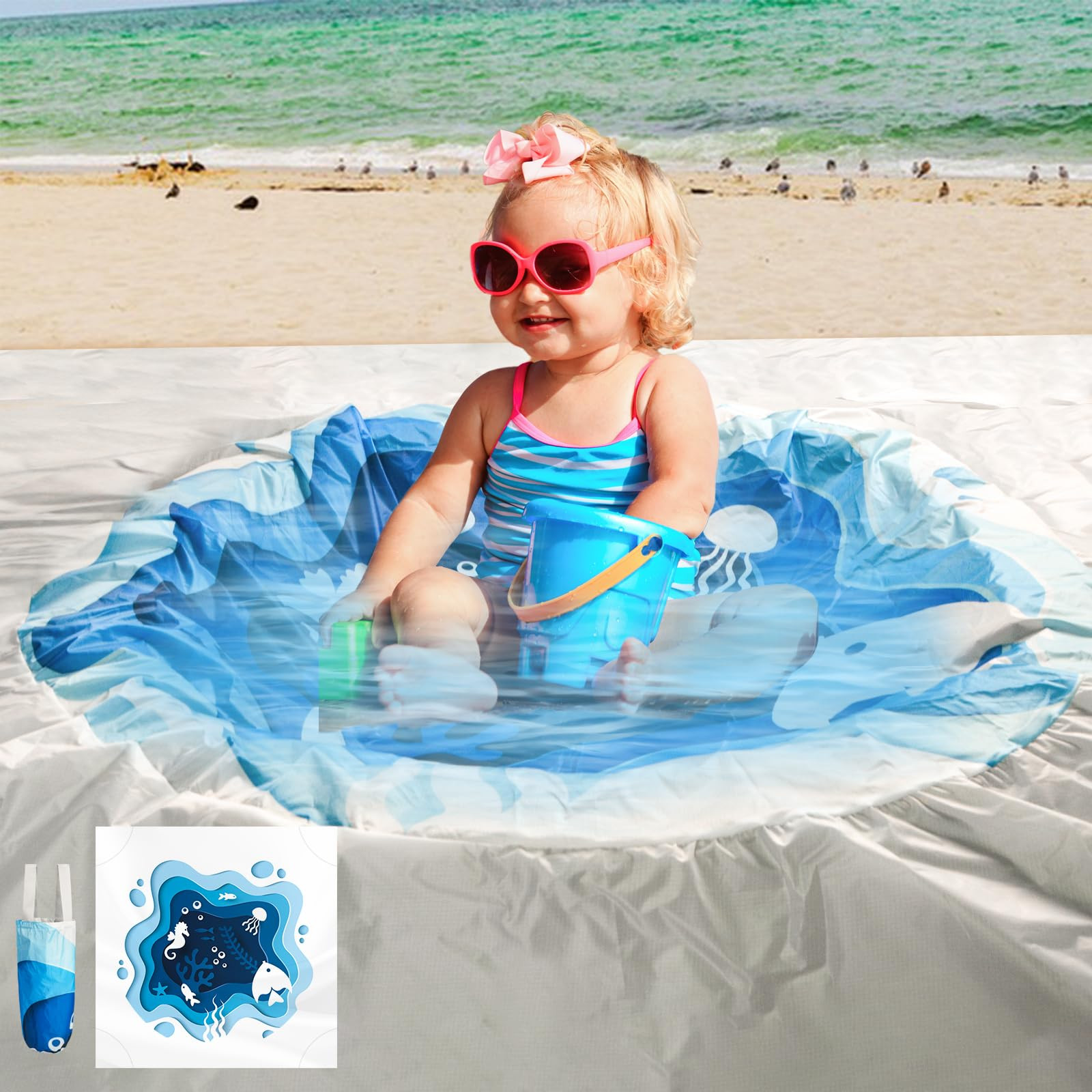 Square Baby Beach Pool, 6.5 X 6.5Ft Portable Cartoon Ocean Theme Toddler Beach Puddle, Waterproof... | Amazon (US)