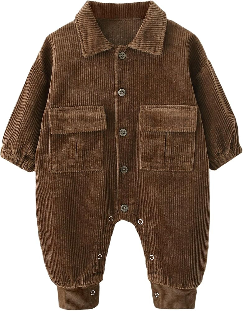 SEAUR Baby Boy Girl Long Sleeve Corduroy Romper Solid Color Button Down Collared Basic Jumpsuit O... | Amazon (US)