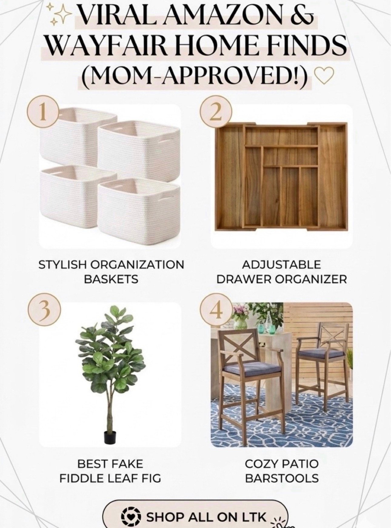 Sharing the top-selling home finds that actually make mom life easier and more stylish! ✨
I’ve rounded up my absolute favorite "tried and true" pieces that are currently trending in my home. From the best kitchen drawer organizer that expands to fit any space, to the woven storage baskets I use for toy rotation and laundry, these finds are the perfect blend of functional and chic.
If you’ve been looking for high-quality home decor on a budget, that faux fiddle leaf fig is a total game changer (no green thumb required!), and the Wayfair barstools are durable enough for the kids but look high-end for hosting.
Shop everything in this post by clicking the products below! 🛍️#LTKorganized #amazonhome #wayfairfinds #homeorganization #momhacks #interiordesign #storageideas #kitchenhacks #affordabledecor

#LTKHome