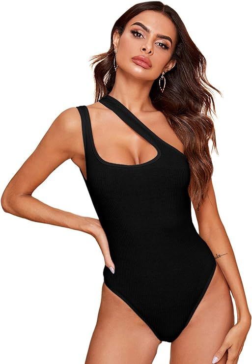 Verdusa Women's Sexy One Shoulder Sleeveless Cut Out Solid Skinny Bodysuit | Amazon (US)