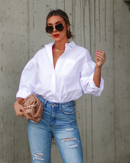 Daydreaming Cotton Balloon Sleeve Button Down Top - White | VICI