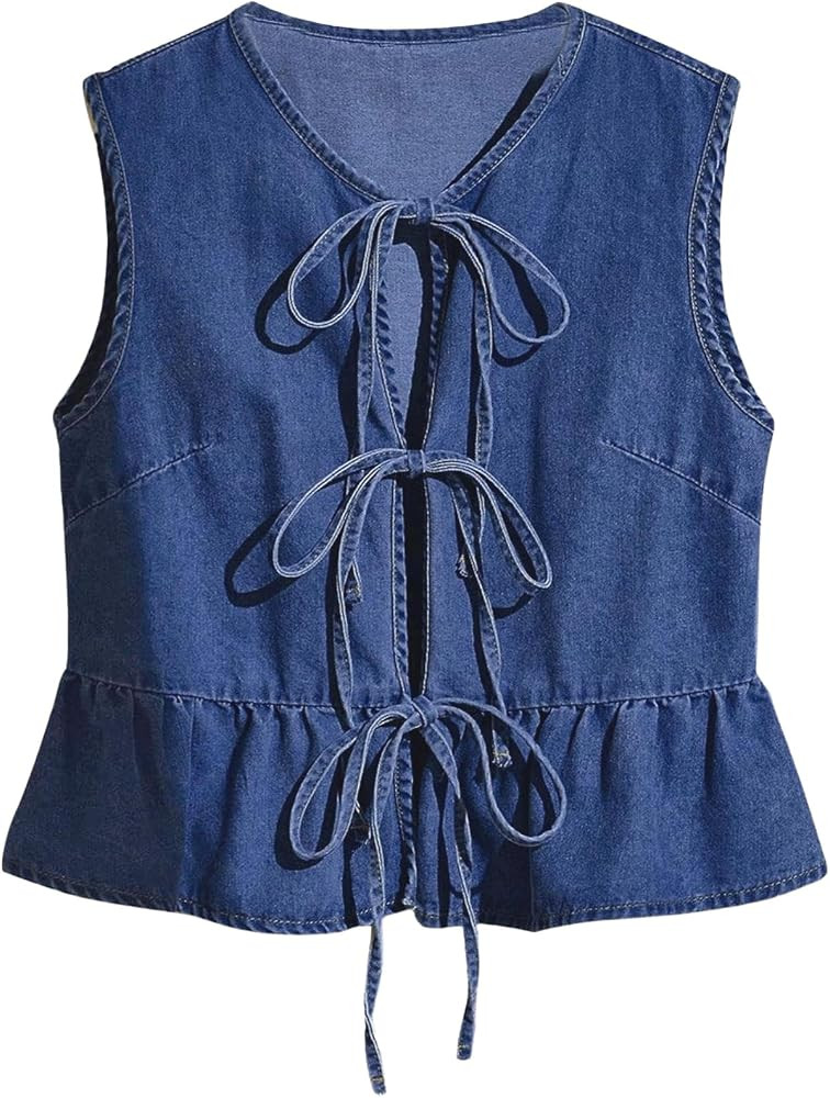 Women's Tie Front Denim Vest Sleeveless Peplum Top Ruffle Hem Jean Waistcoat | Amazon (US)