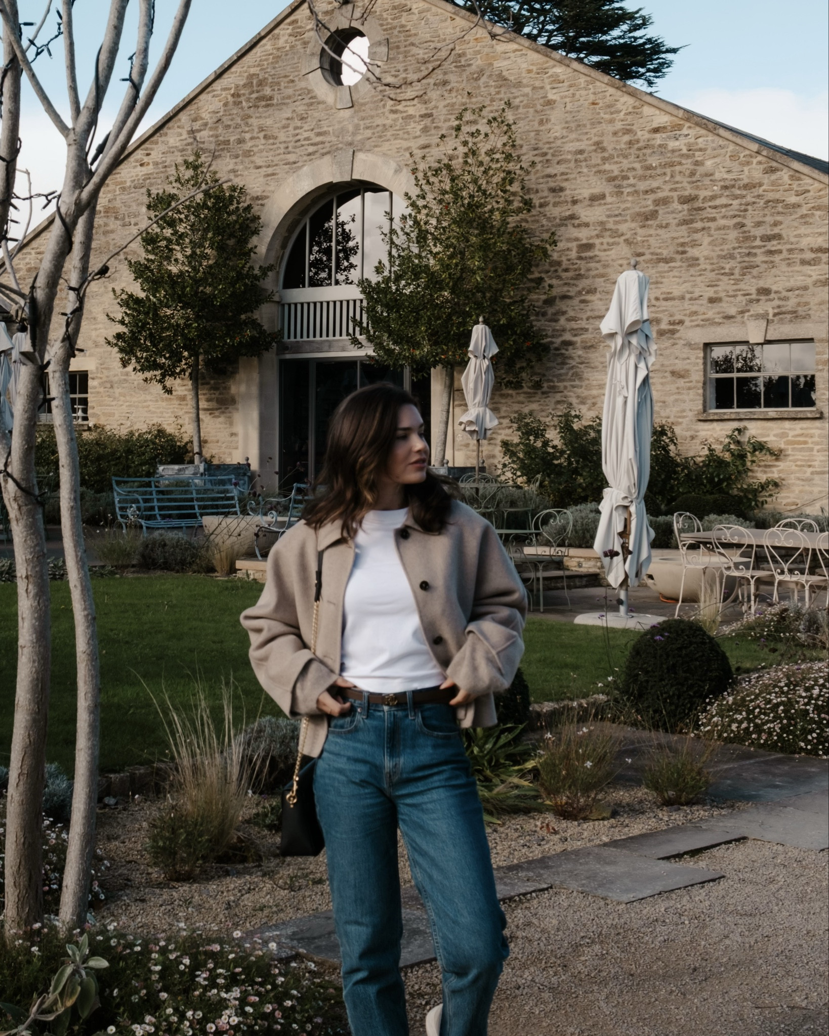 Casual chic 🤍 styling a classic white tee and jeans look with a cropped Cos t-shirt and Abercrombie jeans. Pairing it with a wool jacket from Massimo Dutti, a Ralph Lauren belt, and some sneakers #ltkuk #ltkautumn #ltkfall #ltkcasual