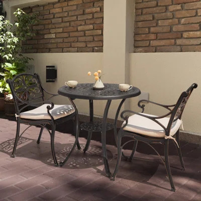 Outdoor 3 Pieces Patio Bistro Set, Cast Aluminum Conversation Set with Umbrella Hole and Cushions for Backyard, Porch, Poolside, Lawn, Black with Gold | Wayfair North America