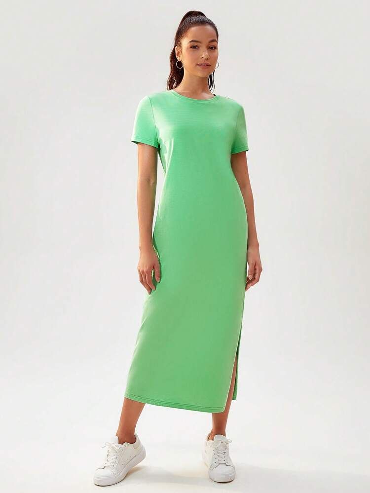 SHEIN BASICS Cotton Solid Split Thigh Tee Dress | SHEIN