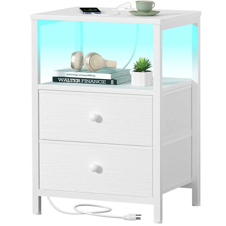 BOLUO White Nightstand with Charging Station, LED Night Stand with 2 Fabric Drawers, Bedside Tabl... | Amazon (US)