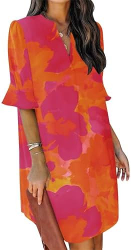 QACOHU Summer Dresses for Women V Neck Ruffle Short Sleeve Casual Shift Dress | Amazon (US)